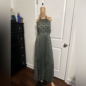 NIP-Pleated Polka Dot Halter Maxi Dress